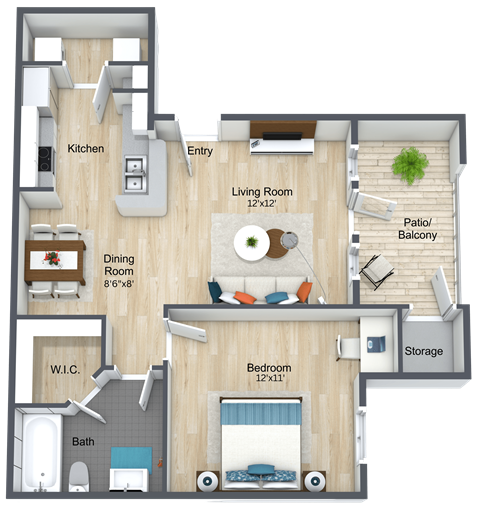 A 3D rendered image of a house layout with a living room, kitchen, dining room, bedroom, bathroom, and storage.